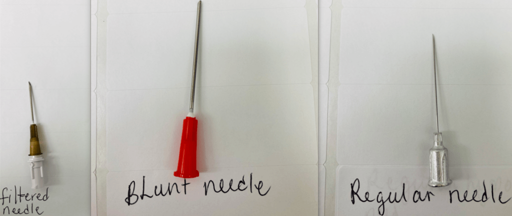 filtered hypodermic needle vs Blunt needle vs Regular needle