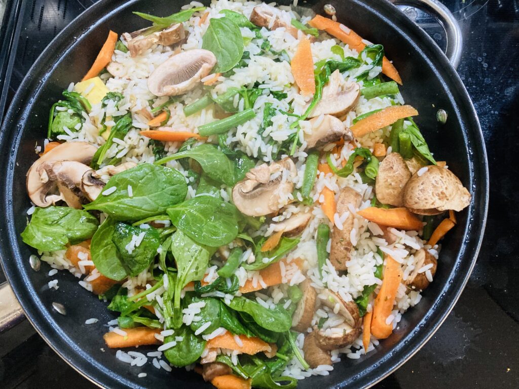 Rice Spinach ,mushroom and Carrots fried with ginger