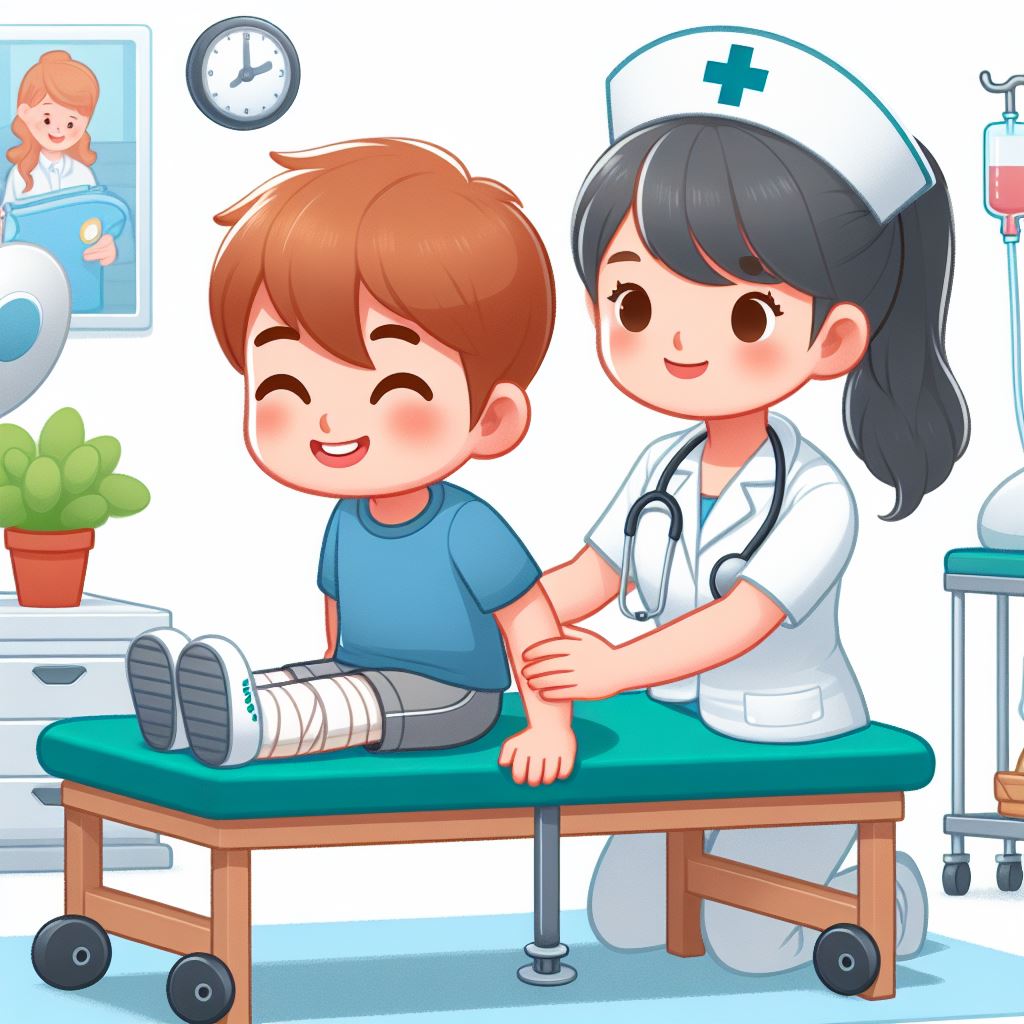 animation of a kid in the health care facility with nurse