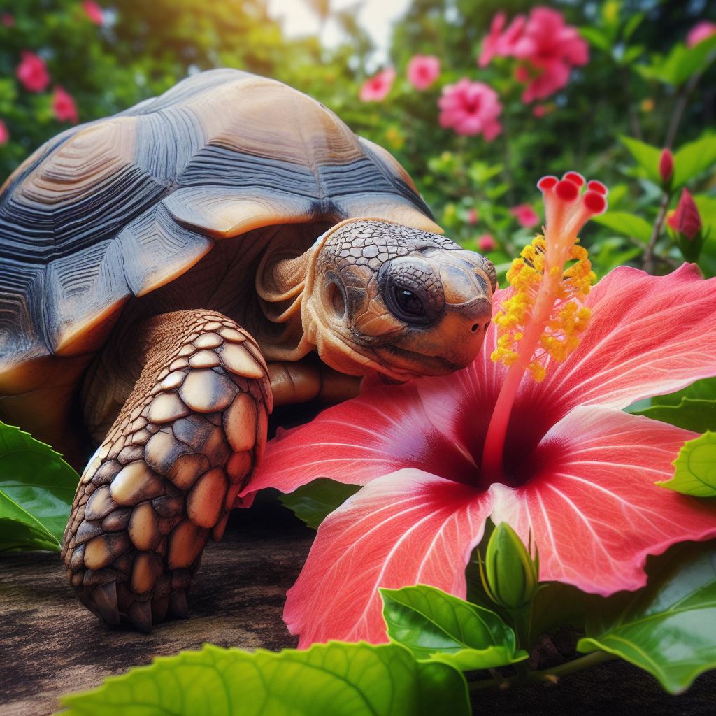 Land turtle and Hibiscus flower