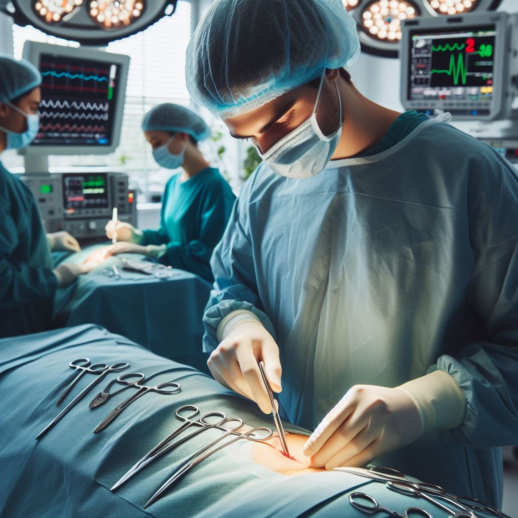 Surgeon performing abdominal surgery.