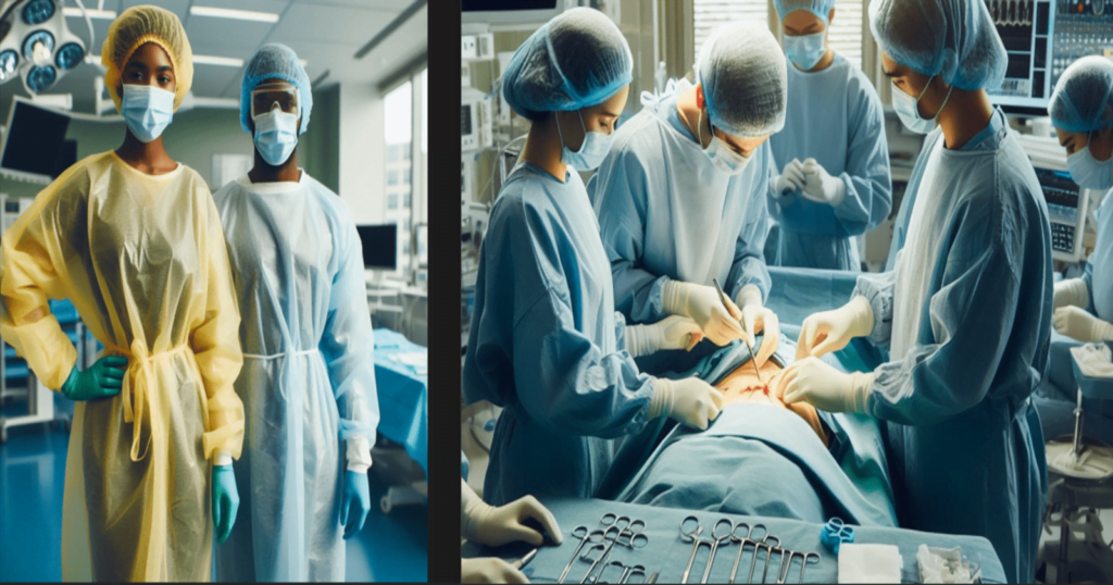 Heath care workers dressed in isolation gown and PPE gears and surgical staff performing a surgical procedure dressed in surgical gown and gears