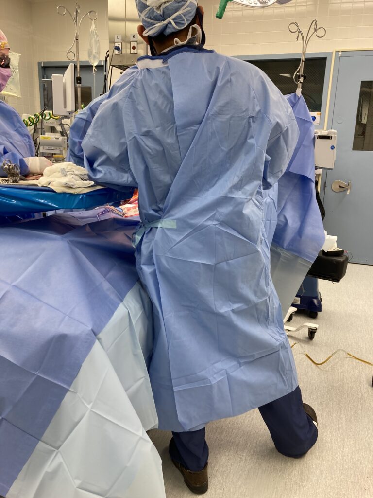 Surgical team dressed in surgical gown, during surgery