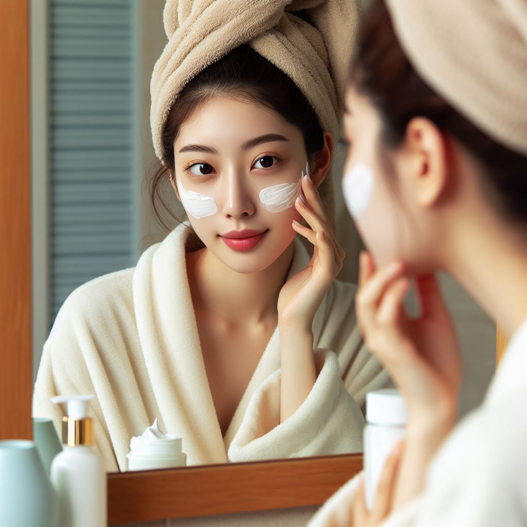 woman in a mirror applying cream