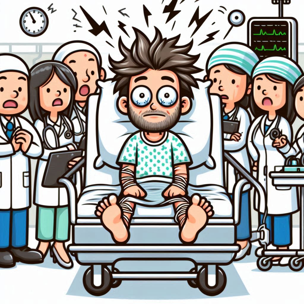 Cartoon image of a man in a hospital setting 
