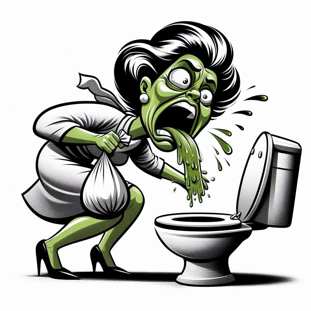 cartoon image of a woman throwing up in a toilet bowl
